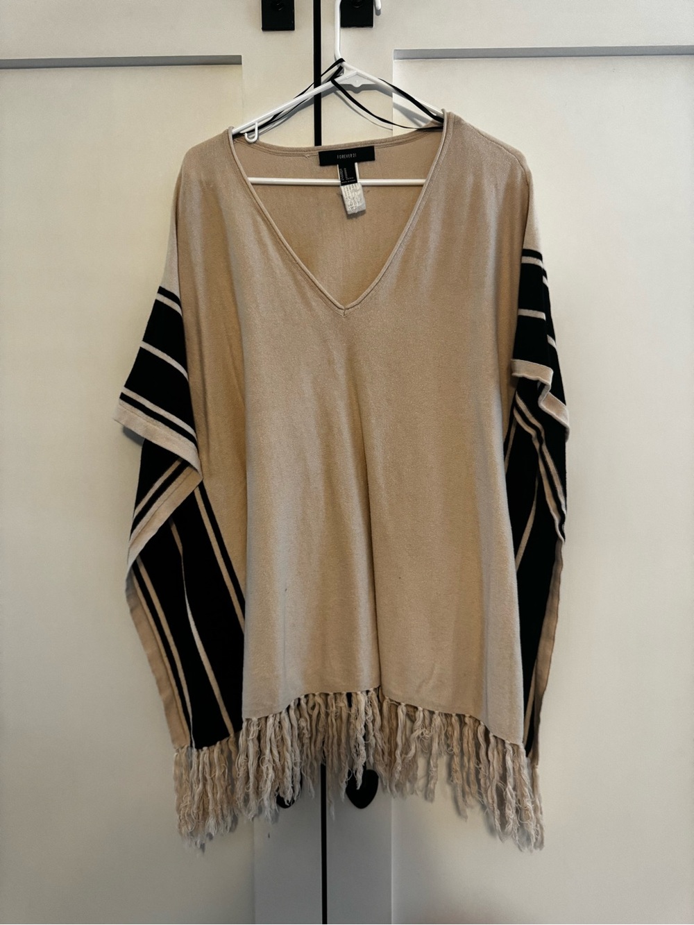 Forever 21 Beige V-Neck Fringe Poncho with Black Striped Sleeves